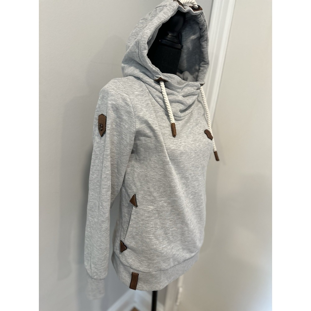Naketano Streetwear Cowl Neck Rope Hoodie Sz:L Gray Leather Appliqué Fleece